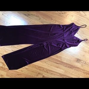 Plum crushed velvet spaghetti strapped jumpsuit.